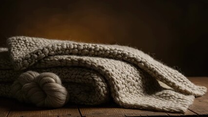 Cozy wool knitted blanket with folded texture and yarn on wooden surface. Camera circles around soft wool blanket showcasing its detailed fibers and natural colors. - Powered by Adobe