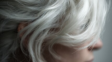 Naklejka premium White hair cascades softly around a face with the light catching the delicate strands. The focus is on the flow and texture creating a serene atmosphere.