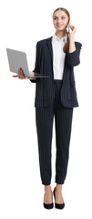 Young businesswoman in stylish suit with laptop talking on phone on white background