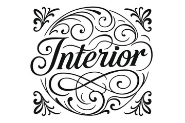 Flourished Script Interior. Flourish Lettering: "Interior" in classic ornamental flourished script, medium-thick curls, symmetrical swashes extending outward;