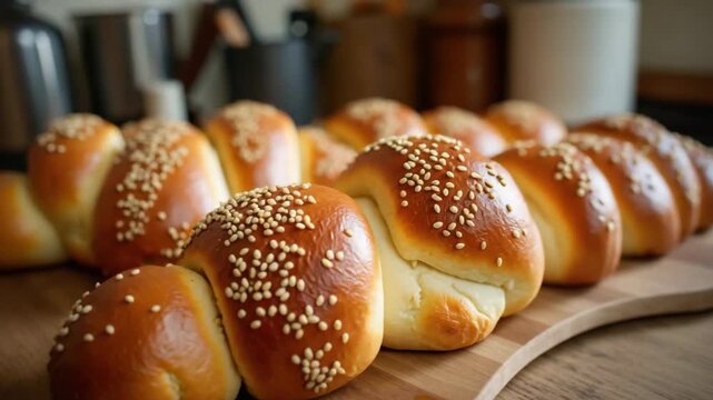 Fresh bread rolls on wooden board with sesame seeds, baked rolls arranged neatly showcasing golden crust.