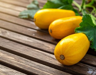 Three vibrant yellow squash with leaves arranged on a rustic wooden surface