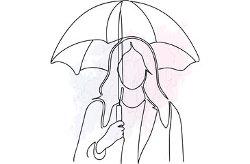 Continous line drawing a woman holding an umbrella with blue watercolor splashes single line