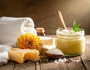 Spa setup with towels, soap, flowers, and skincare ingredients