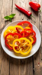 Sliced peppers on a plate with whole ones and basil on wood surface