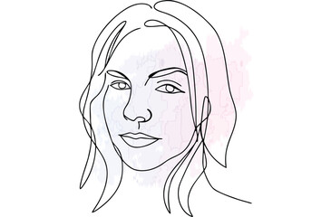 Continous line drawing a woman's face with blue watercolor accents single line portrait