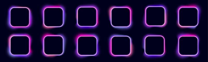 A grid of neon frames in various shapes and styles. The glowing elements create a structured, tech-inspired aesthetic. Ideal for visual design and layouts. 