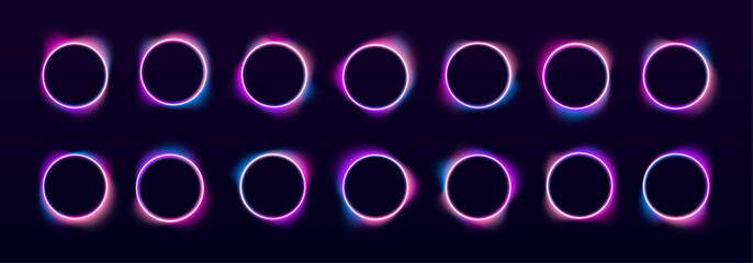A set of glowing neon circle frames with smooth gradients. Each shape emits a soft electric light on a dark background. Perfect for digital designs and banners.