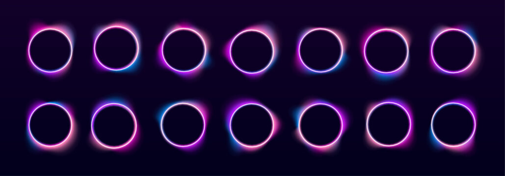 A set of glowing neon circle frames with smooth gradients. Each shape emits a soft electric light on a dark background. Perfect for digital designs and banners.