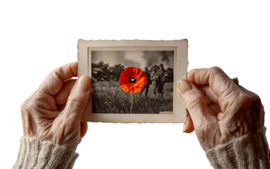 Wrinkled aged hands cherishing a vintage monochrome photo symbolizing love and remembrance from the war era isolated on transparent background PNG