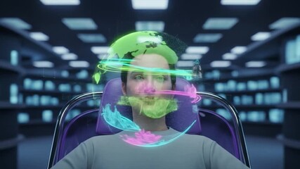 Digital Immersion Man Using Futuristic Virtual Globe for Worldwide Connectivity and AI Research - Powered by Adobe