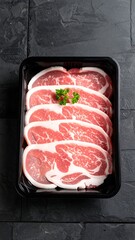 Top-down shot of raw, sliced meat with parsley in a black tray