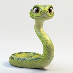 A cartoon-style vibrant green snake character with large expressive eyes, coiling playfully, showcasing its textures and whimsical design.