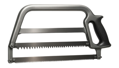 Double-bladed bow saw with coarse and fine teeth for versatile workshop cutting.