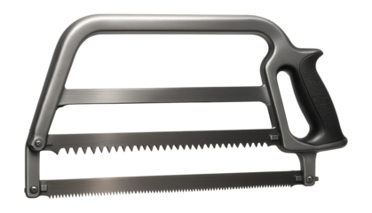 Double-bladed bow saw with coarse and fine teeth for versatile workshop cutting.