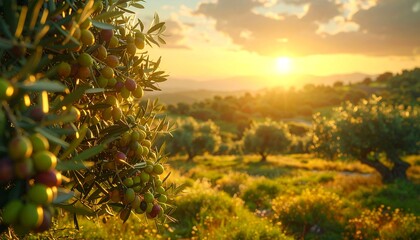 Olive tree plantation at sunset with golden light over green hills