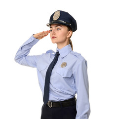 Young policewoman in uniform on white background