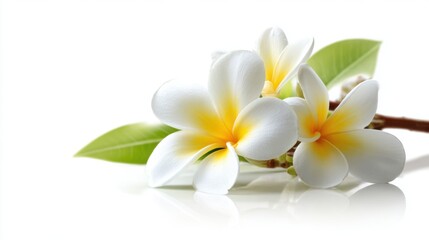 Naklejka premium A cluster of plumeria flowers with white petals and bright yellow centers rests gracefully on green leaves. This scene captures the beauty of nature in a calm and inviting manner.