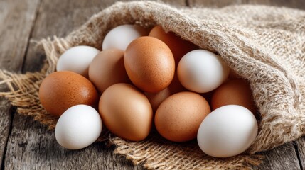 A burlap sack is open with fresh brown and white eggs spilling out onto a rustic wooden surface. The warm colors highlight the natural beauty of the eggs.