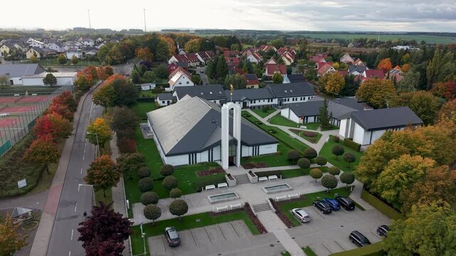 Aerial Freiberg Germany LDS Temple front circle 1. The Church of Jesus Christ of Latter-day Saints, LDS or Mormon religion. Urban and rural neighborhood. Christian religious groups. European.