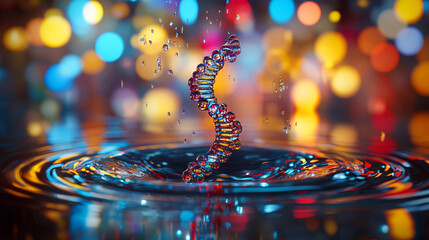 A DNA helix model is reflected in a single drop of water in hyperrealistic detail. The scene conveys precision, scientific elegance, and the delicate interplay of light, transparency, and molecular st