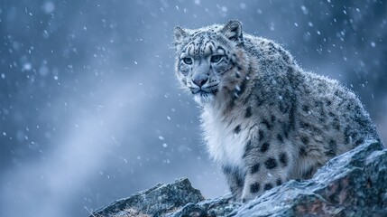 A snow leopard perches atop a massive boulder amidst falling snowflakes, its white fur blanketed by the winter wonderland