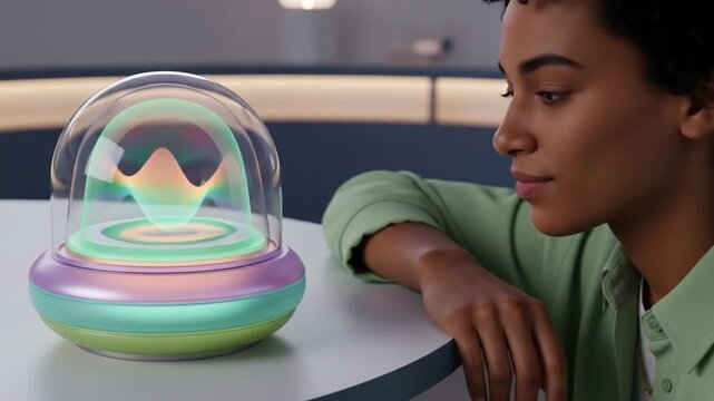 Young woman focused on an abstract holographic interface displaying wellness data in a modern setting - Powered by Adobe