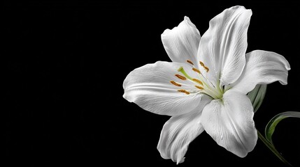 Obraz premium A white flower on black background with green stem in center