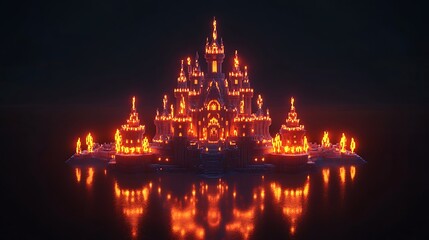 A mesmerizing voxel art castle glows with warm orange light, its reflection shimmering on the water, creating a magical and inviting scene