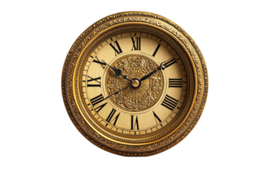 Antique clock face displaying last moments before midnight representing time transition and reflection isolated on transparent background PNG