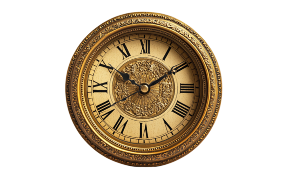 Antique clock face displaying last moments before midnight representing time transition and reflection isolated on transparent background PNG