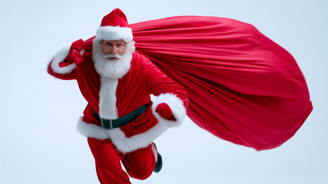 Santa Claus pulling a huge red sack on white background, minimal Christmas concept, dynamic motion, festive holiday scene Santa Claus, red bag, Christmas concept, white background,