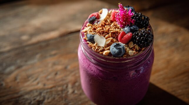 detailed image of a smoothie in a mason jar with fruit and granola on top - Powered by Adobe