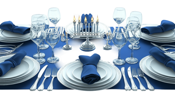 Sophisticated holiday table setup for Hanukkah celebration featuring candles and elegant dinnerware isolated on transparent background PNG