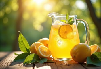 Bright Classic Lemonade in Vintage Pitcher with Sunshine Reflections and Fresh Lemon Slices