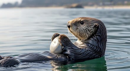 A sea otter floating on its back in the ocean holding a rock with its paws near the shoreline