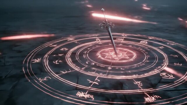 Glowing Magic Sword in Ancient Ritual Circle on Dark Ground with Mystical Symbols and Energetic Light