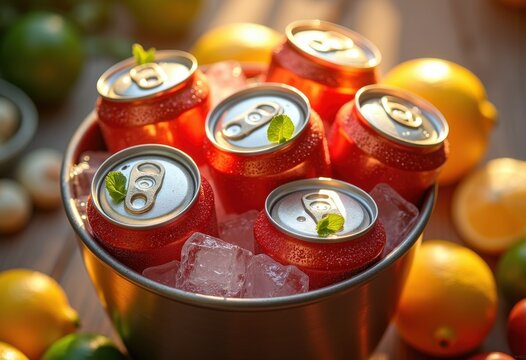 Chilled Soda Cans Cool Refreshing Ice Bucket Party Beverage Refreshment Summer Gathering