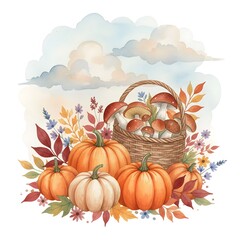 Watercolor painting of a harvest arrangement featuring pumpkins, mushrooms, and autumn foliage against a soft sky backdrop.