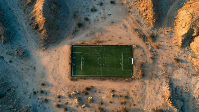 Aerial View of Green Soccer Field Surrounded by Desert Landscape, Sand, and Rocks, Unique Sports Venue, Outdoor Recreation