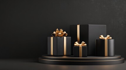 Elegant black and gold presents for luxurious celebrations or corporate gifting occasions, perfect for upscale branding and sophisticated holiday promotions