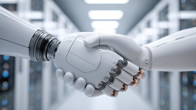 Two robotic hands engage in a handshake in a sleek data center. The bright and modern setting suggests a partnership for advancing artificial intelligence and technology development.