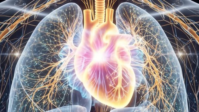 Glowing vital energy visualization of the human heart lungs and complex nervous system