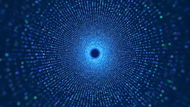 Abstract tunnel of blue binary code converging into a central point, creating a sense of depth and digital flow.