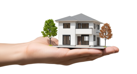 Miniature House and Trees Held in Hand