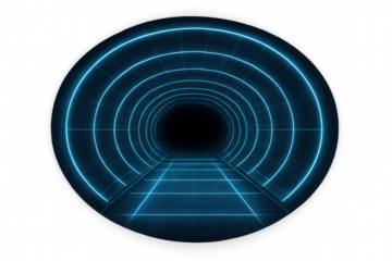 Futuristic blue neon light tunnel creating an infinite virtual portal effect, transparent background