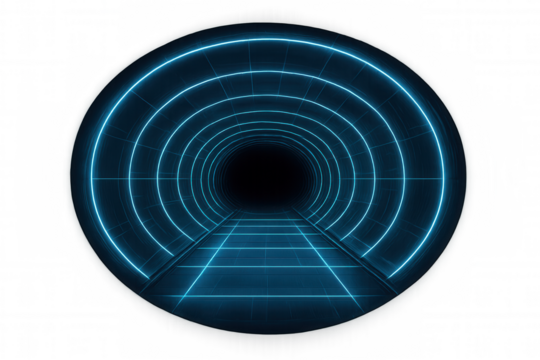 Futuristic blue neon light tunnel creating an infinite virtual portal effect, transparent background