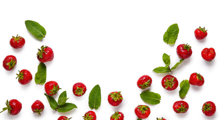Sweet ripe strawberries with mint leaves on white background