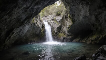 Waterfall cascading into a turquoise pool within a dark cave, with textured rock walls