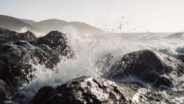 Wave crashing over coastal rocks, creating spray, with mountains and ocean in background - Powered by Adobe